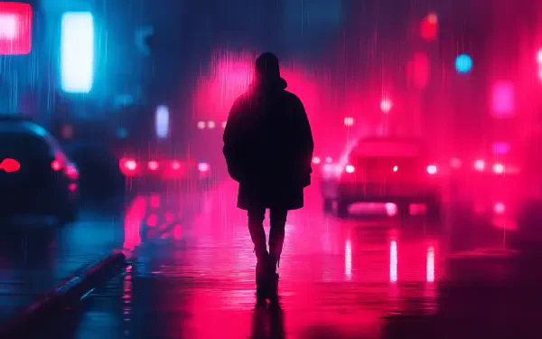 A figure walks alone in a vibrant neon-lit street, surrounded by raindrops reflecting pink and blue lights, capturing the essence of neon noir in stunning 4K Ultra HD.
