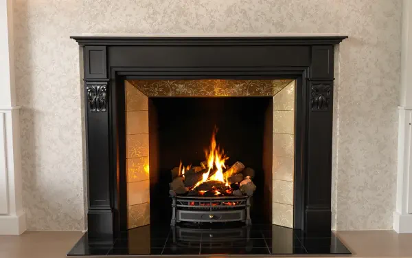 A cozy fireplace with a crackling fire, framed in an elegant black mantle, serves as a warm focal point in this 4K Ultra HD PC desktop wallpaper and background.