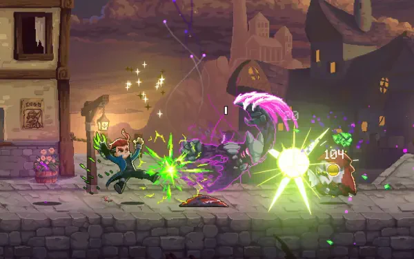 An action-packed scene from the video game Spirit Mancer, featuring vibrant spell effects and dynamic combat against a backdrop of a fantastical landscape. HD wallpaper for PC.