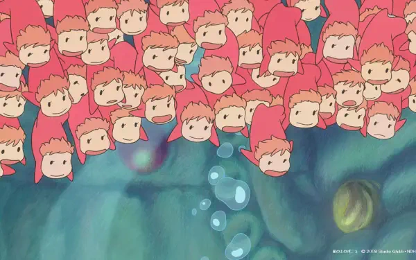A vibrant HD wallpaper featuring numerous characters from Ponyo, a beloved Studio Ghibli anime, surrounded by whimsical underwater bubbles and colors.