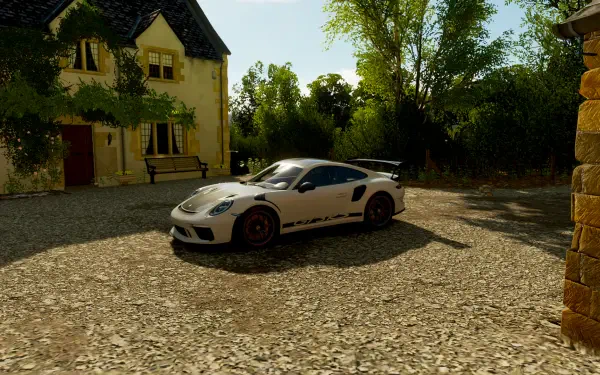 A stunning HD wallpaper featuring a sleek sports car parked on a gravel driveway, surrounded by lush greenery, inspired by the world of Forza Horizon 4.