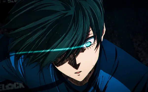 High-definition wallpaper featuring Rin Itoshi from the anime Blue Lock, showcasing a dynamic close-up of his intense expression and striking blue eyes.