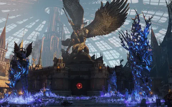 A stunning 4K Ultra HD wallpaper featuring a majestic statue from Warhammer 40K: Space Marine 2, set against a dramatic backdrop with ethereal blue structures.