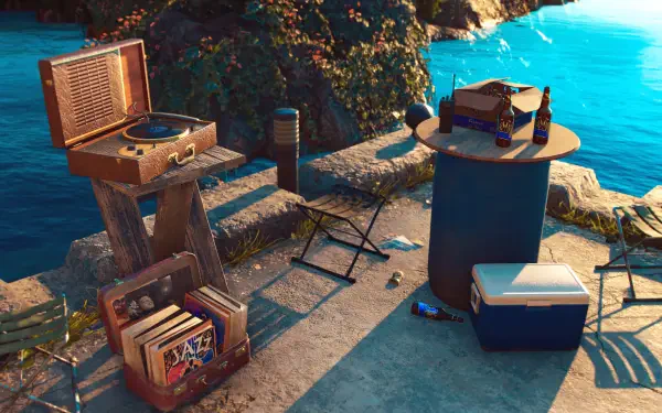 A serene scene from Far Cry 6 featuring a vintage record player beside a cooler and crates, set against a vibrant blue backdrop, capturing the essence of adventure in high-quality 4K.