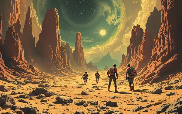 A vibrant 4K Ultra HD PC desktop wallpaper featuring explorers navigating a stunning alien landscape with towering rock formations and a dramatic celestial sky overhead.