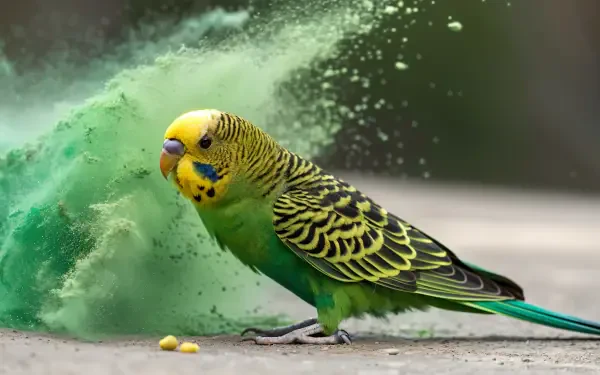 A vibrant parakeet stands on a surface, surrounded by a splash of green particles, creating a dynamic and colorful scene. Ideal as a 4K Ultra HD desktop wallpaper.