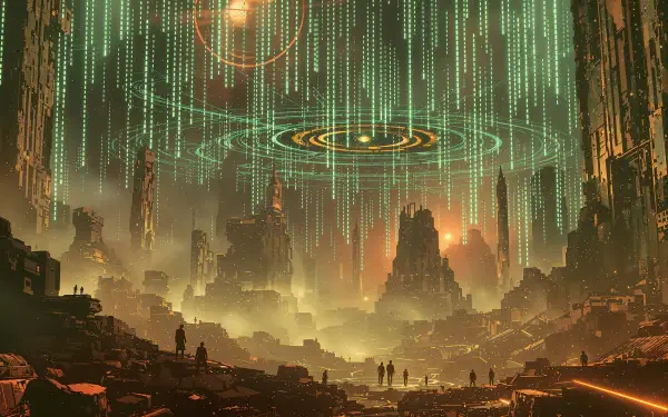 A stunning 4K Ultra HD wallpaper featuring a futuristic landscape inspired by the Matrix, with cascading digital code and figures exploring a mysterious, vibrant world.
