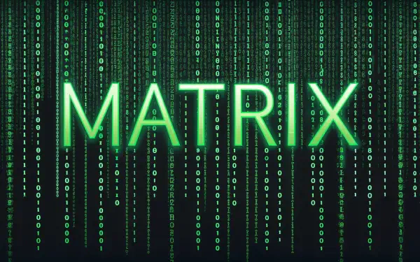 A striking 4K Ultra HD wallpaper featuring MATRIX in bold green letters against a backdrop of cascading binary code, capturing the essence of the iconic cybernetic world.
