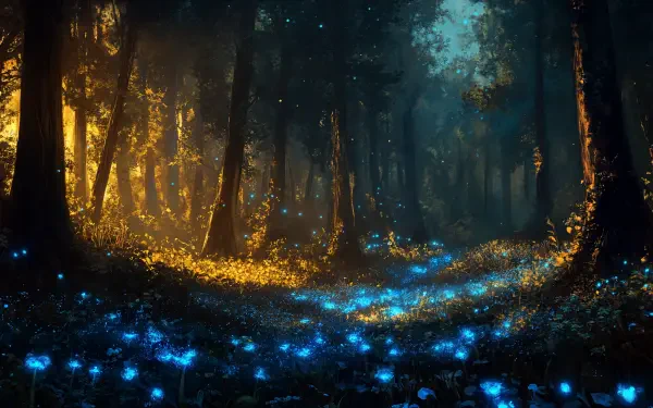 A captivating bioluminescent forest illuminated by glowing blue flora, surrounded by tall trees and soft golden light, designed as a stunning 4K Ultra HD PC desktop wallpaper.