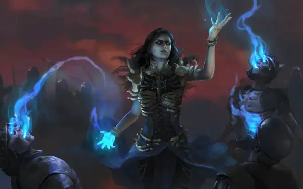A captivating HD wallpaper from Path of Exile 2 showcasing a necromancer conjuring blue energy, surrounded by skeletal warriors against a dramatic dark sky.