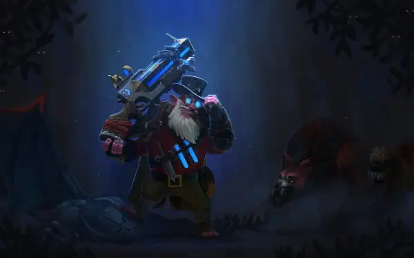 A gnome character from Path of Exile 2 stands confidently with a futuristic weapon, set against a dark, atmospheric background, showcasing a blend of fantasy and action elements.