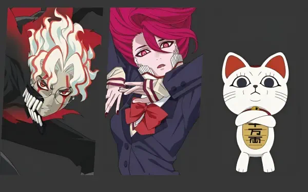 HD PC wallpaper of Dandadan anime: fiery‑haired Ken Takakura snarling, pink‑haired Aira Shiratori in a school uniform, and the Turbo Granny maneki‑neko against a dark backdrop.