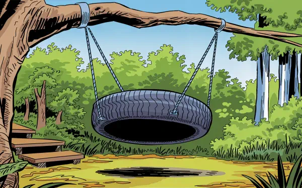 A vibrant illustration of a tire swing hanging from a tree branch, surrounded by lush greenery, perfect for a 4K Ultra HD PC desktop wallpaper and background.