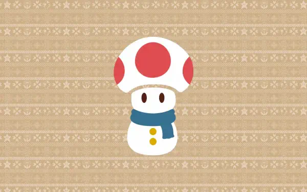 Super Mario mushroom character in a blue scarf on a patterned beige backdrop — 4K Ultra HD PC desktop wallpaper and background.