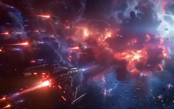 A stunning space opera scene featuring intense spaceship battle amidst vibrant colors and cosmic chaos, presented in captivating 4K Ultra HD for a striking desktop wallpaper.