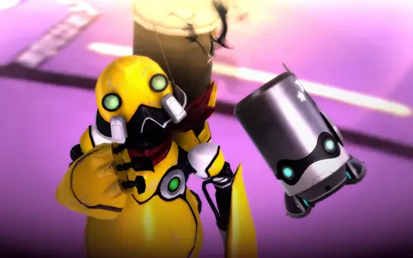 Vibrant 4K Ultra HD wallpaper featuring characters from the video game FANTASIAN Neo Dimension, showcasing a dynamic scene with a yellow robot and a small metallic companion.