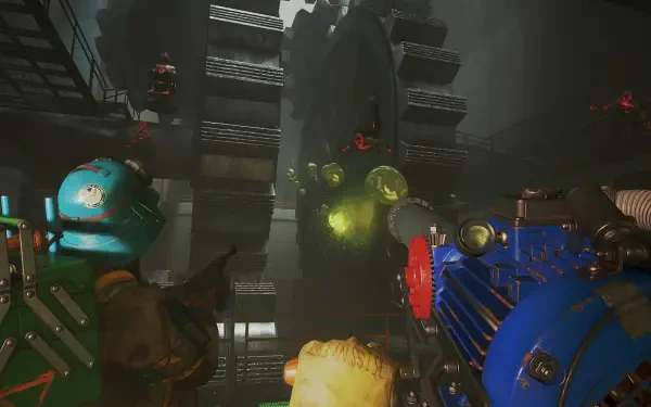 A dynamic scene from the video game FBC: Firebreak, featuring characters armed with futuristic weapons, set against an industrial backdrop filled with green energy orbs and structures.