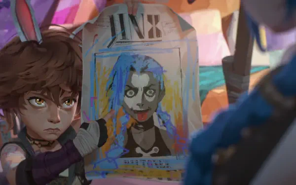 A stylized HD wallpaper from Arcane Season 2, featuring Jinx and Isha from League of Legends, showcases a character holding a colorful poster of Jinx.