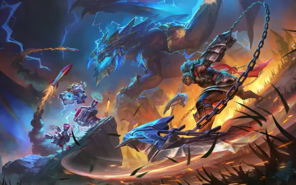 A vibrant 4K Ultra HD background featuring scenes from League of Legends, showcasing Ambessa and epic battles with dragons and warriors amidst dynamic lighting and action.