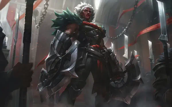 A striking 8K Ultra HD wallpaper featuring Ambessa from the TV show Arcane and League of Legends, showcasing a powerful character in a dramatic, atmospheric setting.