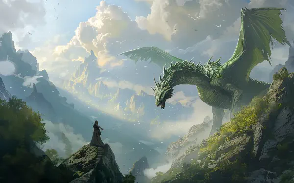 A fantasy adventure scene featuring a majestic green dragon soaring above a rocky landscape, bathed in ethereal light. A figure stands below, captured in a captivating moment. 
