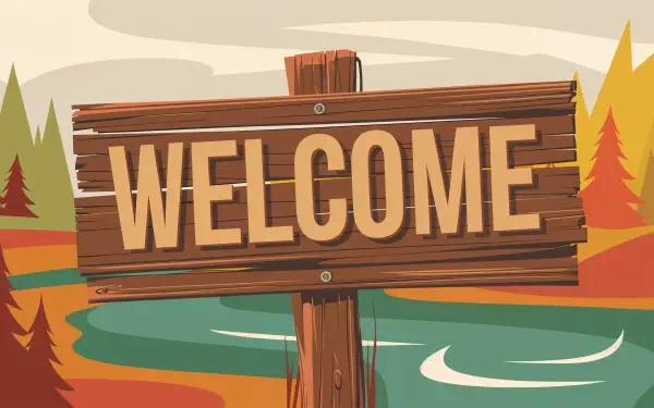 A rustic wooden sign reading WELCOME stands against a serene landscape, featuring colorful autumn trees and a flowing river, perfect for a 4K Ultra HD desktop wallpaper.