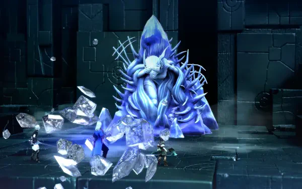 A captivating scene from FANTASIAN Neo Dimension featuring a frost-covered creature amidst shattered ice, set against a dark, structured background. 4K Ultra HD wallpaper.