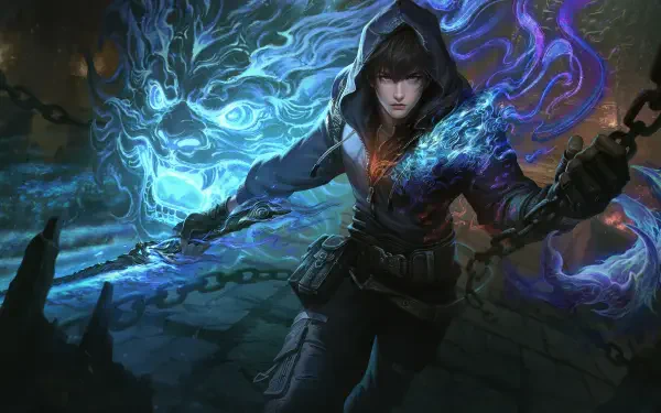 A dynamic 4K Ultra HD wallpaper featuring a character from the video game Naraka: Bladepoint, wielding a sword with energy swirling around them in vivid blue and purple hues.