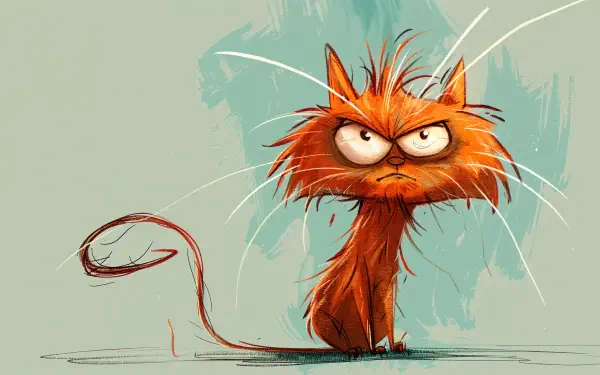A cartoon grumpy cat with vibrant orange fur and expressive eyes, set against a soft blue-green background. This image serves as a colorful 4K Ultra HD PC desktop wallpaper.