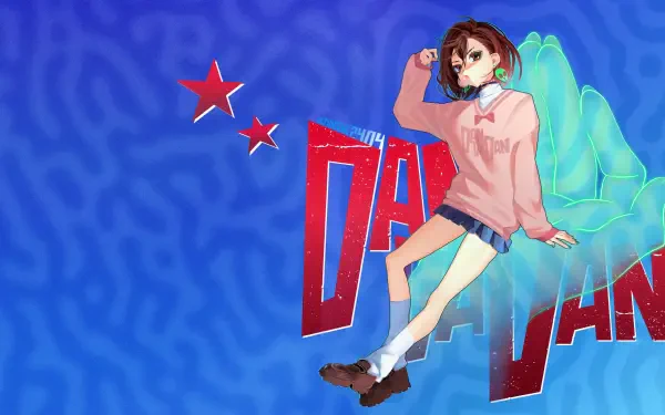 Anime-style 4K Ultra HD desktop wallpaper featuring Momo Ayase from Dandadan with vibrant blue background and bold red text.
