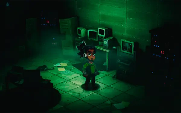 A character stands in a dark, eerie room filled with old computers and scattered papers, illuminated by a green glow, capturing the atmosphere of the video game Enigma of Fear.