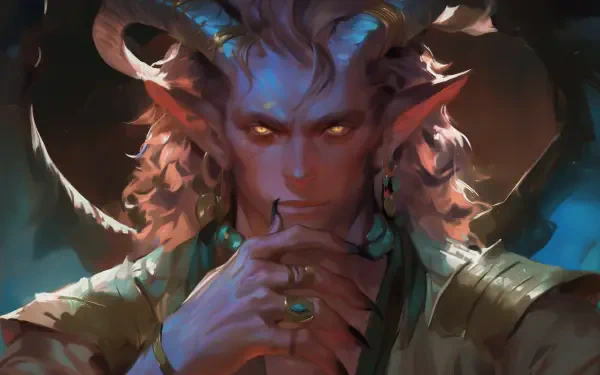 A captivating Tiefling creature with striking features, including horns and glowing eyes, gazes thoughtfully, set against a mystical background in this high-definition wallpaper.
