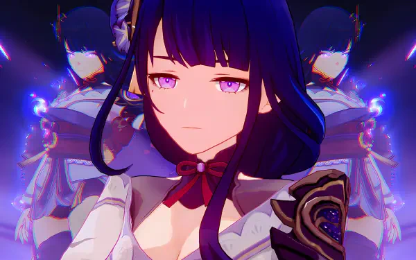 Close-up of Raiden Shogun (Ei/Baal) from Genshin Impact, solemn purple-eyed portrait with glowing twin armored figures and electric purple aura — 5K Ultra HD PC desktop wallpaper.