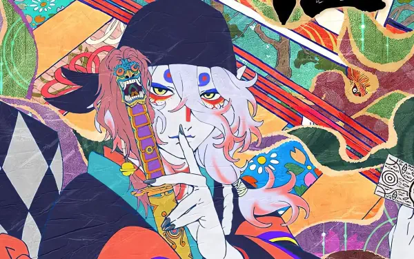 Vibrant HD desktop wallpaper featuring an intricate character design from Mononoke The Movie: Phantom In The Rain, surrounded by colorful patterns and elements inspired by nature.