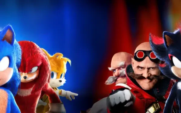 4K Ultra HD PC desktop wallpaper featuring characters from Sonic the Hedgehog 3, including Sonic, Knuckles, Tails, Dr. Eggman, and Shadow against a vibrant blue and red background.
