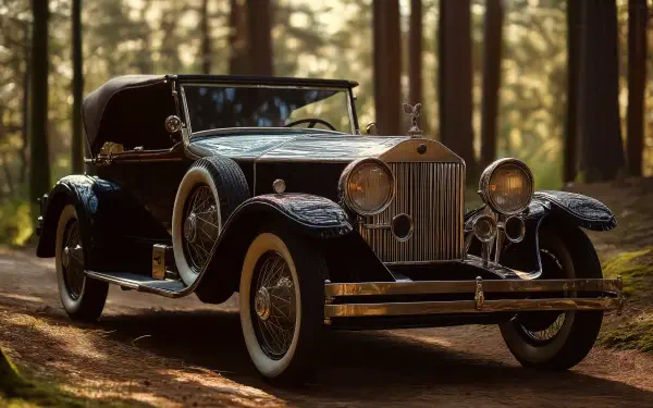 A vintage car parked on a forest road, showcasing its elegant design and classic features, captured in stunning 4K Ultra HD. Ideal as a desktop wallpaper or background.