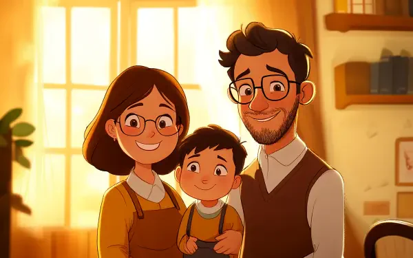 A cheerful family portrait featuring a mother, father, and their young son, surrounded by warm sunlight in a cozy setting. This 4K Ultra HD wallpaper captures their joyful bond.