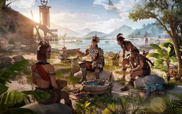 A vibrant HD wallpaper from the video game Light of Motiram, showcasing characters engaged in activities by a serene lakeside with mountains in the background.