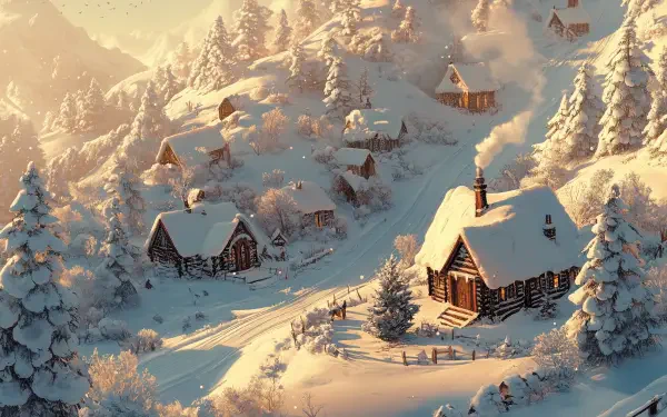 A serene winter scene featuring cozy cabins nestled in a snowy landscape, evoking a warm Christmas atmosphere. This HD wallpaper enhances any desktop with its tranquil charm.