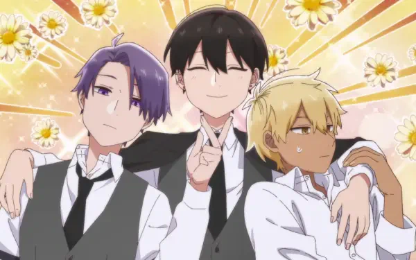 Anime-style HD desktop wallpaper from How I Attended an All-Guy's Mixer, featuring three male characters smiling against a bright, floral background.