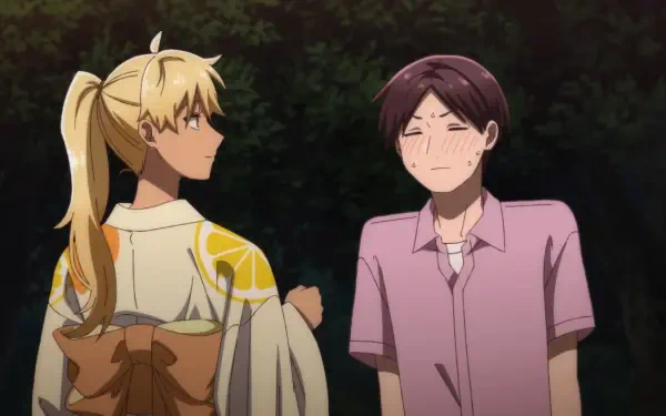 Two anime characters engage at an all-guy's mixer, featuring a blonde character in a traditional outfit and a shy brunette. This HD image serves as a vibrant desktop wallpaper.