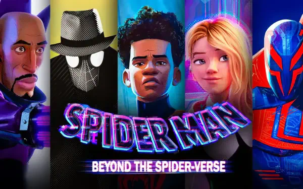 A vibrant HD desktop wallpaper featuring characters from Spider-Man: Beyond the Spider-Verse, showcasing their unique styles and expressions against a colorful backdrop.