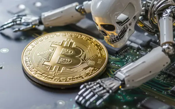 A robotic skeleton reaches for a Bitcoin on a circuit board, blending cryptocurrency and technology in a striking HD desktop wallpaper.