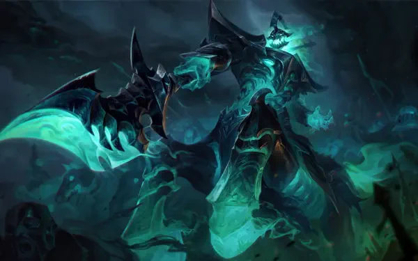 An 8K Ultra HD wallpaper featuring Hecarim from League of Legends, showcasing his menacing, spectral form amidst a dark, atmospheric background.