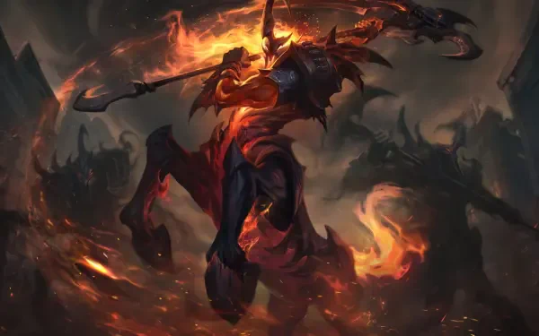 Hecarim from League of Legends charges forward in a fiery, dynamic pose, surrounded by dark shadows, creating an intense scene ideal for an 8K Ultra HD wallpaper.