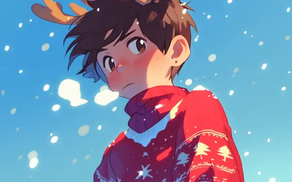 An anime boy in a festive Christmas sweater with reindeer antlers stands against a snowy blue background, creating a cheerful winter scene.
