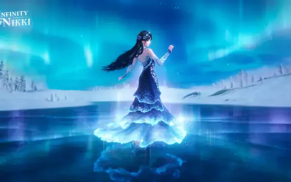 A stunning HD wallpaper from the video game Infinity Nikki, featuring a graceful character in a flowing dress, surrounded by a vibrant aurora over a serene icy landscape.