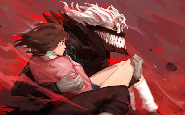 HD anime desktop wallpaper featuring Momo Ayase from Dandadan with a menacing dark spirit and dynamic red-toned background, capturing intense action and energy.