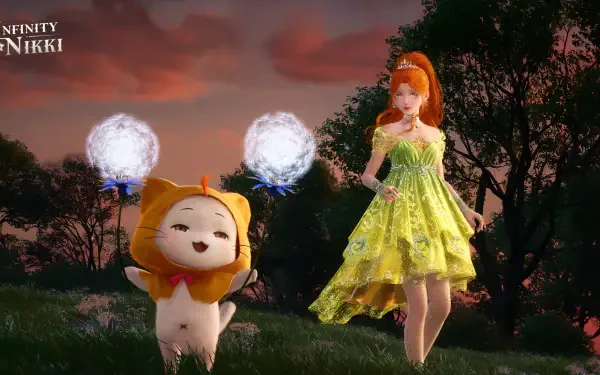 A vibrant scene from Infinity Nikki featuring a character in a flowing yellow dress alongside a playful, lion-themed companion, set against a picturesque sunset backdrop.