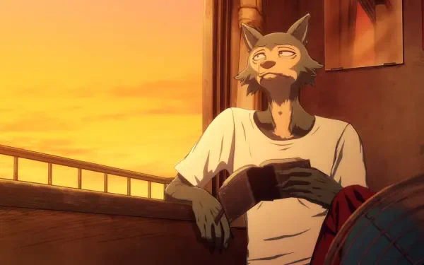 Legosi from Beastars relaxes in a warm sunset, wearing a simple t-shirt and holding a book. This HD wallpaper captures the tranquil atmosphere of the anime.